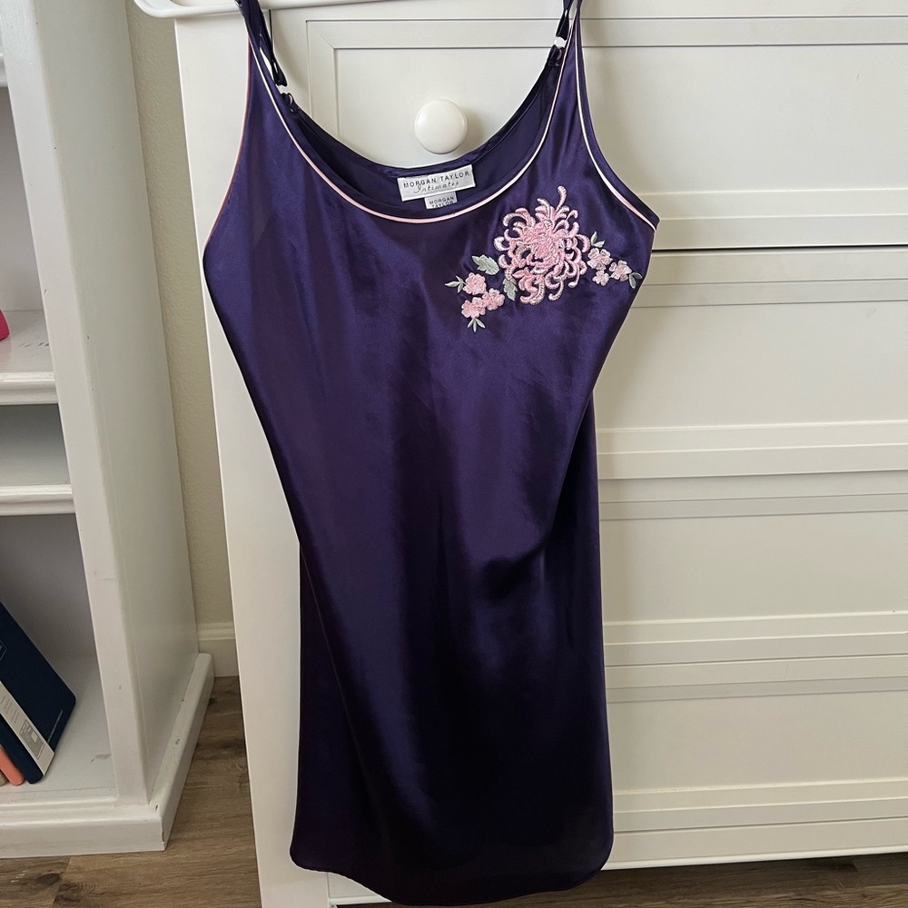 Purple Satin Slip Dress with Pink Floral Embroidery
